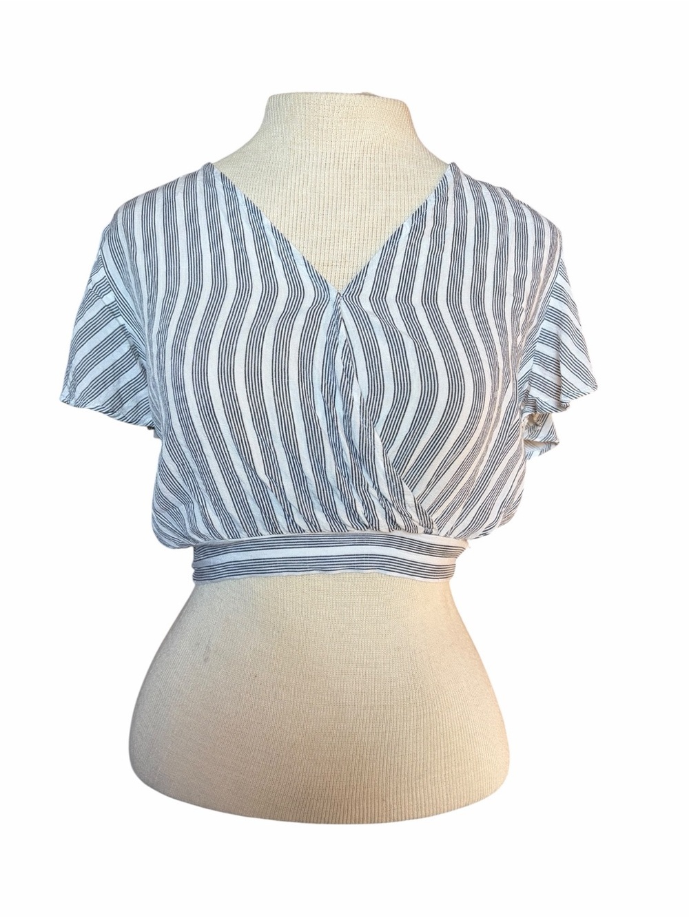 Striped V-Neck Wrap Cropped Top Navy & White